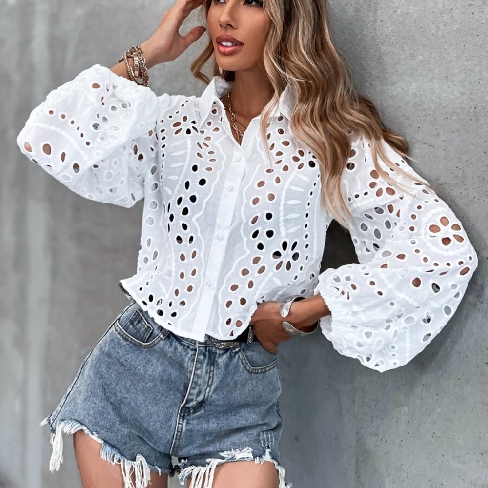 Bohemian White Eyelet Floral Gypsy Button up top - Picture 2 of 5